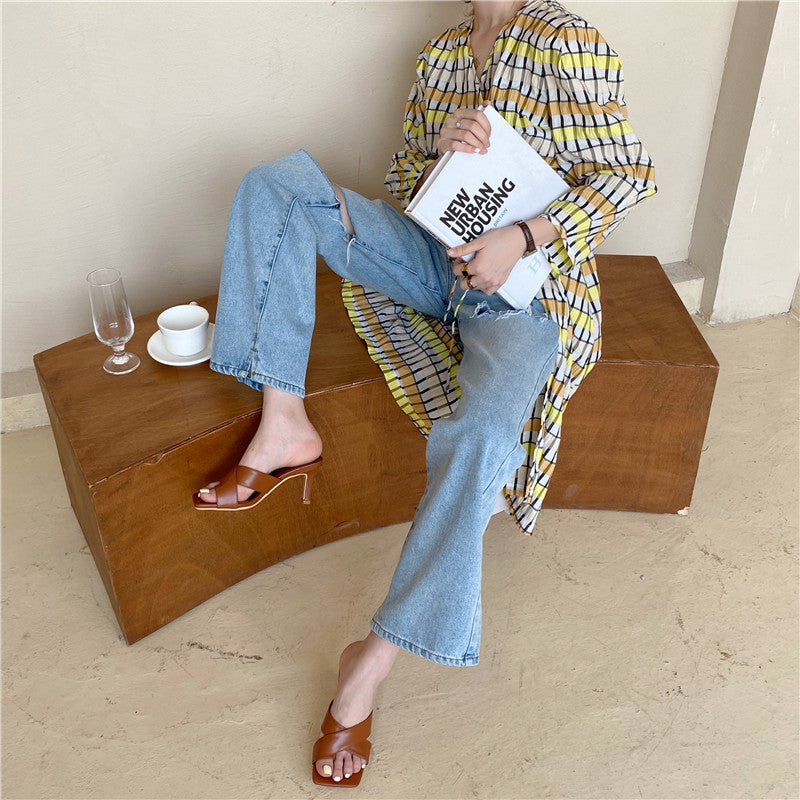 Stiletto toe set cross with beach loafer square head sandals for women