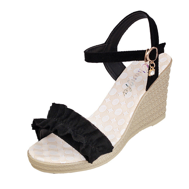 Heeled Sandals With Sweet Lace Fashion Diamond Toe Thick Slope Heel Sandals For Women