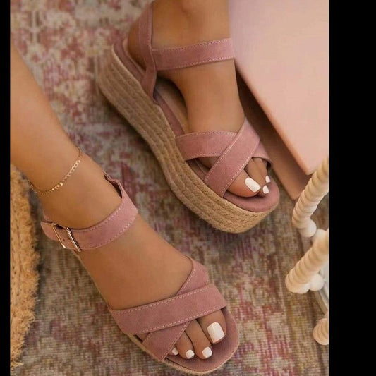 New Large Size Platform With Buckle Solid Color Twine Woven Platform Sandals For Women