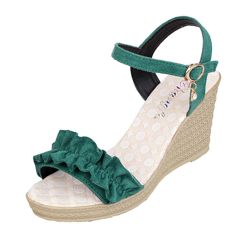 Heeled Sandals With Sweet Lace Fashion Diamond Toe Thick Slope Heel Sandals For Women