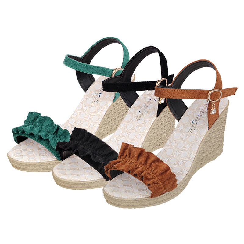 Heeled Sandals With Sweet Lace Fashion Diamond Toe Thick Slope Heel Sandals For Women