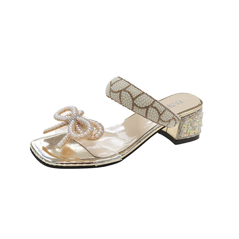 Gentle Bowknot Chunky Heel Sandals For Women Summer New One Strap Transparent