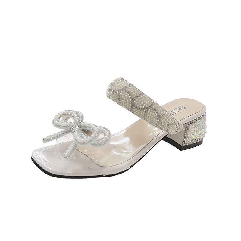 Gentle Bowknot Chunky Heel Sandals For Women Summer New One Strap Transparent