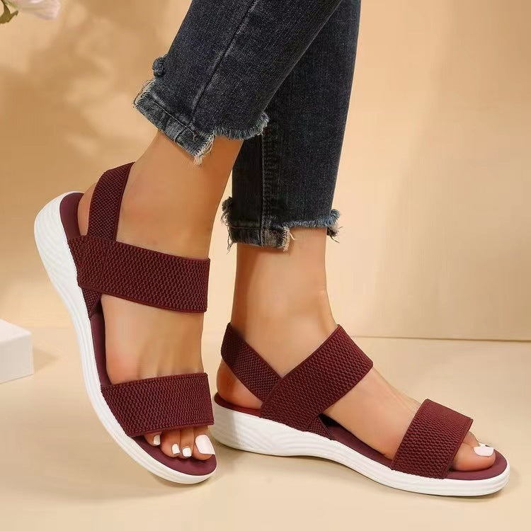 Casual Elastic Band Back Strap Flyknit Polyurethane Flat Sandals For Women